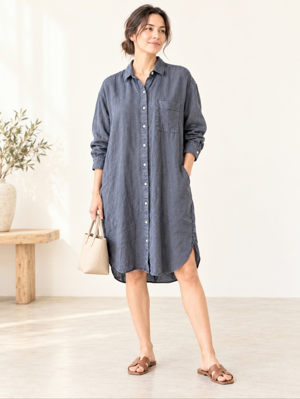 Linen Shirt Dress Navy MUJI Medium Oversized Pockets